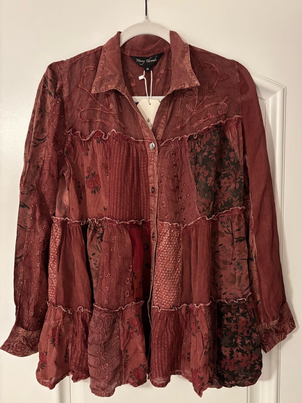 NWT - Burgundy Patchwork Boho Style Blouse